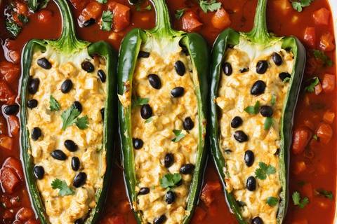 Baked Vegan Chile Rellenos with Black Beans