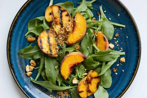 Grilled Peach Salad with Vegan Halloumi and Dukkah