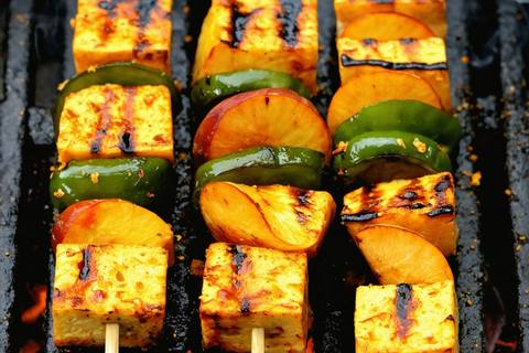 Grilled Tofu, Peach and Bell Pepper Skewers