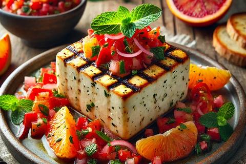 Grilled Vegan Feta with Blood Orange, Red Pepper and Mint Salsa