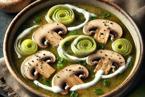 Mushroom and Leek Soup with Thyme Cream