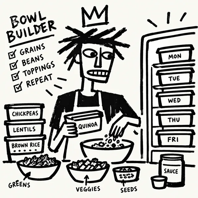 A cook in a crown and apron spoons quinoa into a bowl, with greens, veg and seeds laid out and a fridge of tubs labelled Monday to Friday.