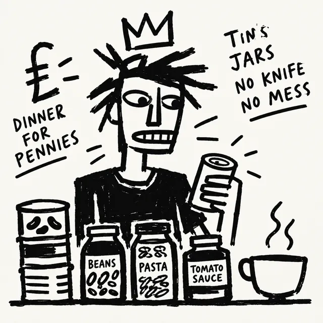 A spiky-haired cook in a crown lifts a tin beside a bean tin and jars of beans, pasta and tomato sauce: "Dinner for pennies. Tins, jars, no knife, no mess."