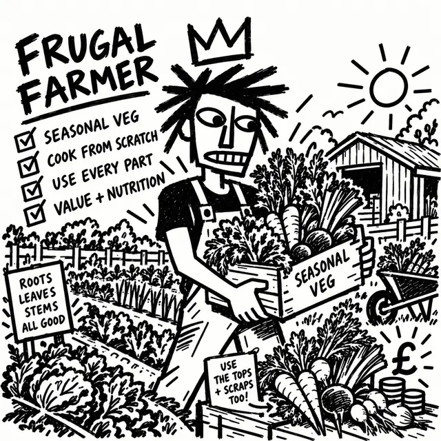 A cook in a crown and dungarees carries a crate of seasonal veg through a vegetable garden, beside a sign saying roots, leaves and stems are all good.
