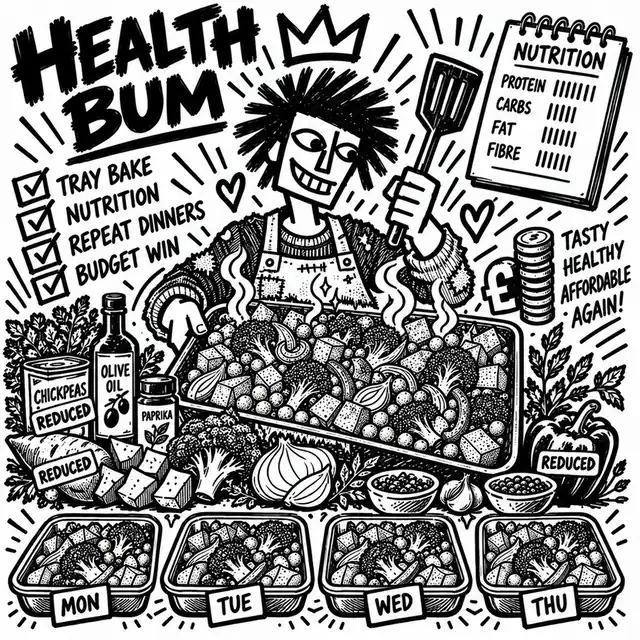 A grinning cook in a crown, patched sleeves and a patched apron with a frayed hem holds up a tray bake of chickpeas, sweet potato and broccoli beside four tubs labelled Monday to Thursday and a nutrition notepad, with black-ink REDUCED stickers on the chickpea tin, sweet potato and pepper: "Tasty, healthy, affordable, again!"