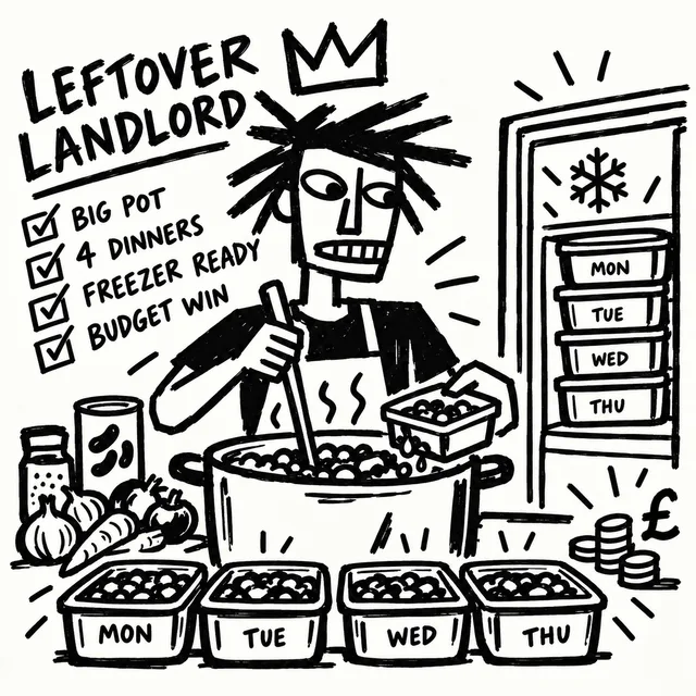 A cook in a crown stirs a big pot of beans and fills four tubs labelled Monday to Thursday, with a freezer of matching tubs behind: "Big pot, 4 dinners, freezer ready, budget win."