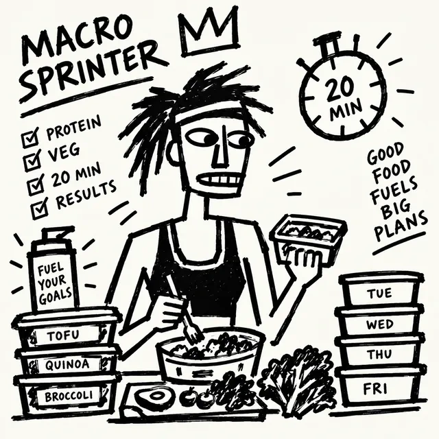 A cook in a headband and crown tosses a quick bowl beside a tofu tub, a 20-minute timer and a stack of prepped tubs labelled Tuesday to Friday.
