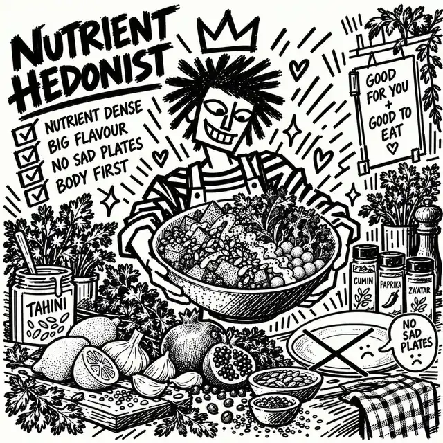 A grinning, spiky-haired cook beneath a crown, in an apron over a striped top, holds a bowl of lentils, roasted squash, greens, chickpeas, seeds, herbs and tahini beside lemons, garlic, pomegranate and spices, with a crossed-out sad plate: "Nutrient dense, big flavour, no sad plates, body first."
