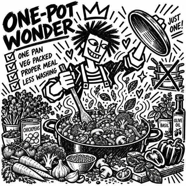 A grinning cook in a crown stirs one big pan of chickpeas and veg and holds up its lid, beside a crossed-out stack of pans: "Just one! One pan, veg packed, proper meal, less washing."