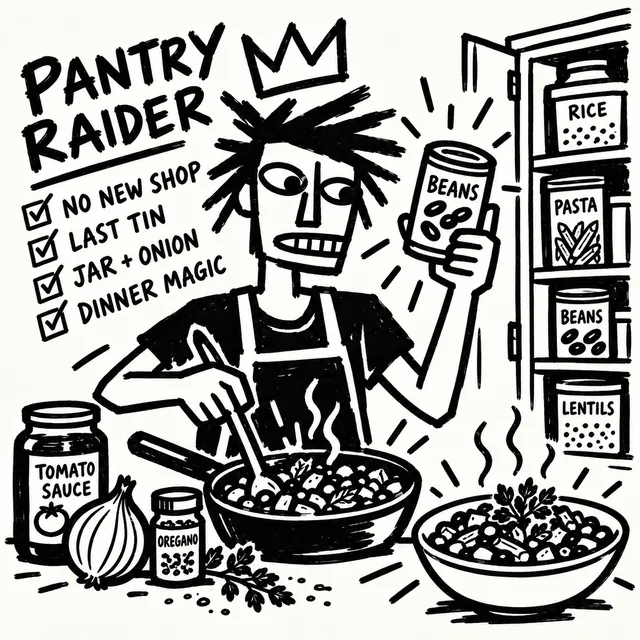 A cook in a crown holds up the last tin of beans and stirs a pan, with tomato sauce, an onion and oregano on the counter and a cupboard of rice, pasta, beans and lentils: "No new shop."