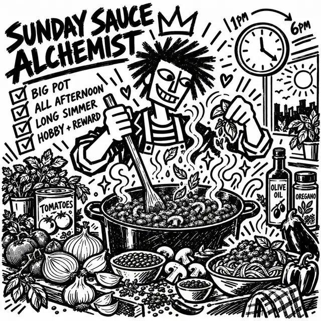 A grinning cook in a crown stirs a big pot of lentil and mushroom sauce all afternoon, a clock running from 1pm to 6pm, with tomatoes, onions, olive oil, oregano and a bowl of pasta: "Big pot, long simmer, hobby and reward."