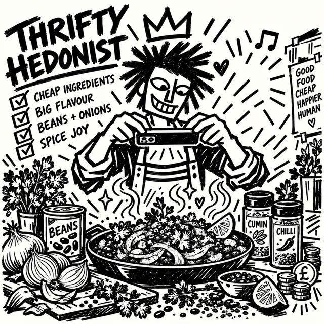 A grinning cook in a crown photographing a pan of spiced beans and onions with a phone pointed down at the food, a tin of beans, cumin and chilli: "Cheap ingredients, big flavour."