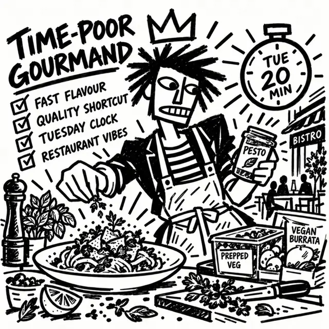 A cook in a crown and apron finishes a plate with herbs, holding a jar of pesto beside vegan burrata, a 20-minute Tuesday timer and a tub of prepped veg: "Fast flavour, restaurant vibes."