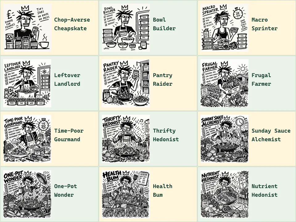The twelve CuisineSavvy kitchen personas in a three-column, four-row grid